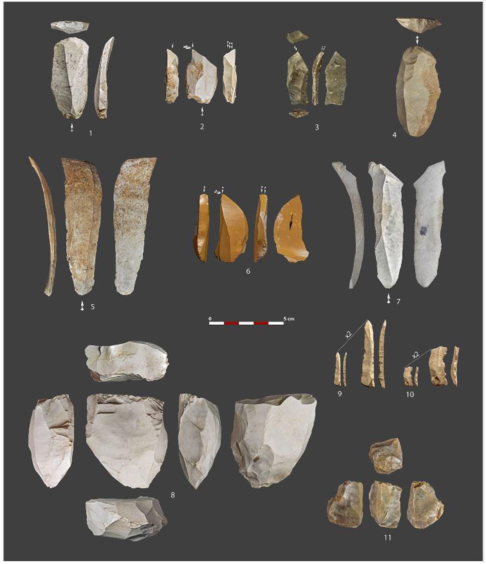 Selección de artefactos líticos recogidos en el yacimiento de Charco Verde II. Todos provienen del Nivel 1, excepto el número 3 que fue hallado en la superficie del depósito arqueológico, y el número 6, registrado en la terraza fluvial debajo del talud. Crédito: Aragoncillo-del Río et al., 2023, PLOS ONE.
