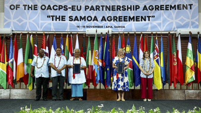 La Unión Europea (UE) y la Organización de Estados de África, el Caribe y el Pacífico (ACP) sellaron este miércoles en Samoa un nuevo acuerdo de cooperación con el que establecen un marco para sus relaciones y cooperación en las próximas dos décadas. EFE/EU Pacific via X  - SOLO USO EDITORIAL/SOLO DISPONIBLE PARA ILUSTRAR LA NOTICIA QUE ACOMPAÑA (CRÉDITO OBLIGATORIO) -
