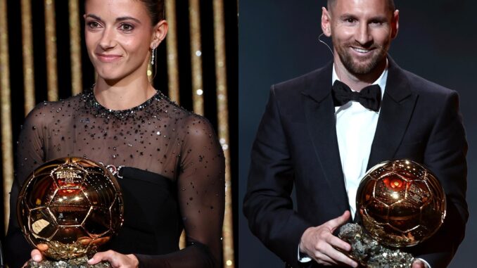 Aitana Bonmatí y Leo Messi en un combinado fotográfico tras ganar el Balón de Oro.EFE/Mohammed Badra
