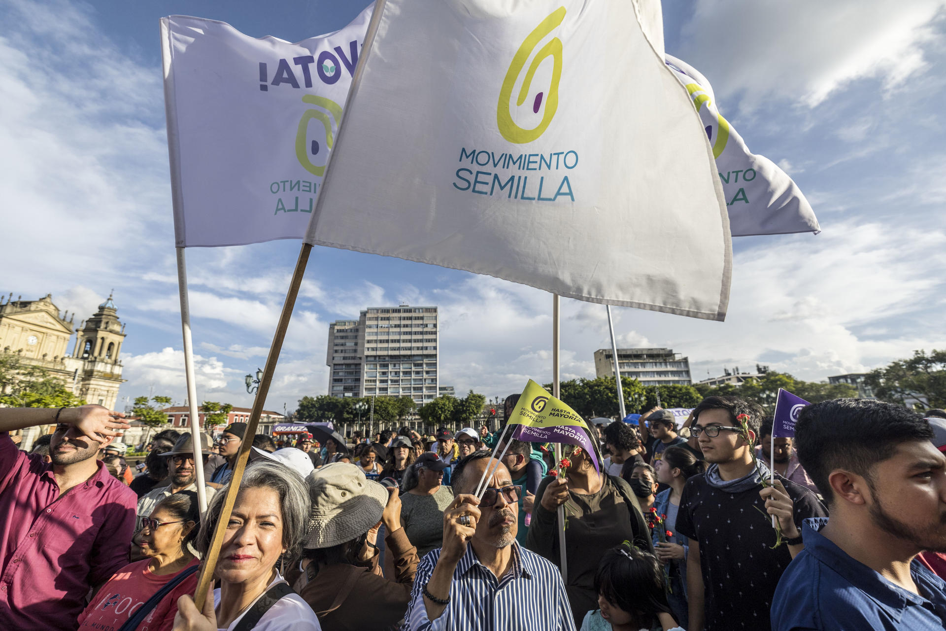 Seguidores del partido Movimiento Semilla, del presidente electo de Guatemala, Bernardo Arévalo, en una fotografía de archivo. EFE/Esteban Biba
