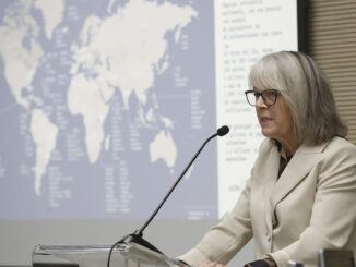 La presidenta de la Agencia EFE, Gabriela Cañas durante la inauguración del nuevo curso del Máster de Periodismo de Agencia UC3M-EFE  este jueves en el campus de Puerta de Toledo de la Universidad Carlos III de Madrid. EFE/ J.P.Gandul