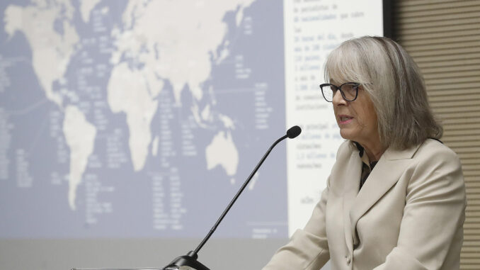 La presidenta de la Agencia EFE, Gabriela Cañas durante la inauguración del nuevo curso del Máster de Periodismo de Agencia UC3M-EFE  este jueves en el campus de Puerta de Toledo de la Universidad Carlos III de Madrid. EFE/ J.P.Gandul
