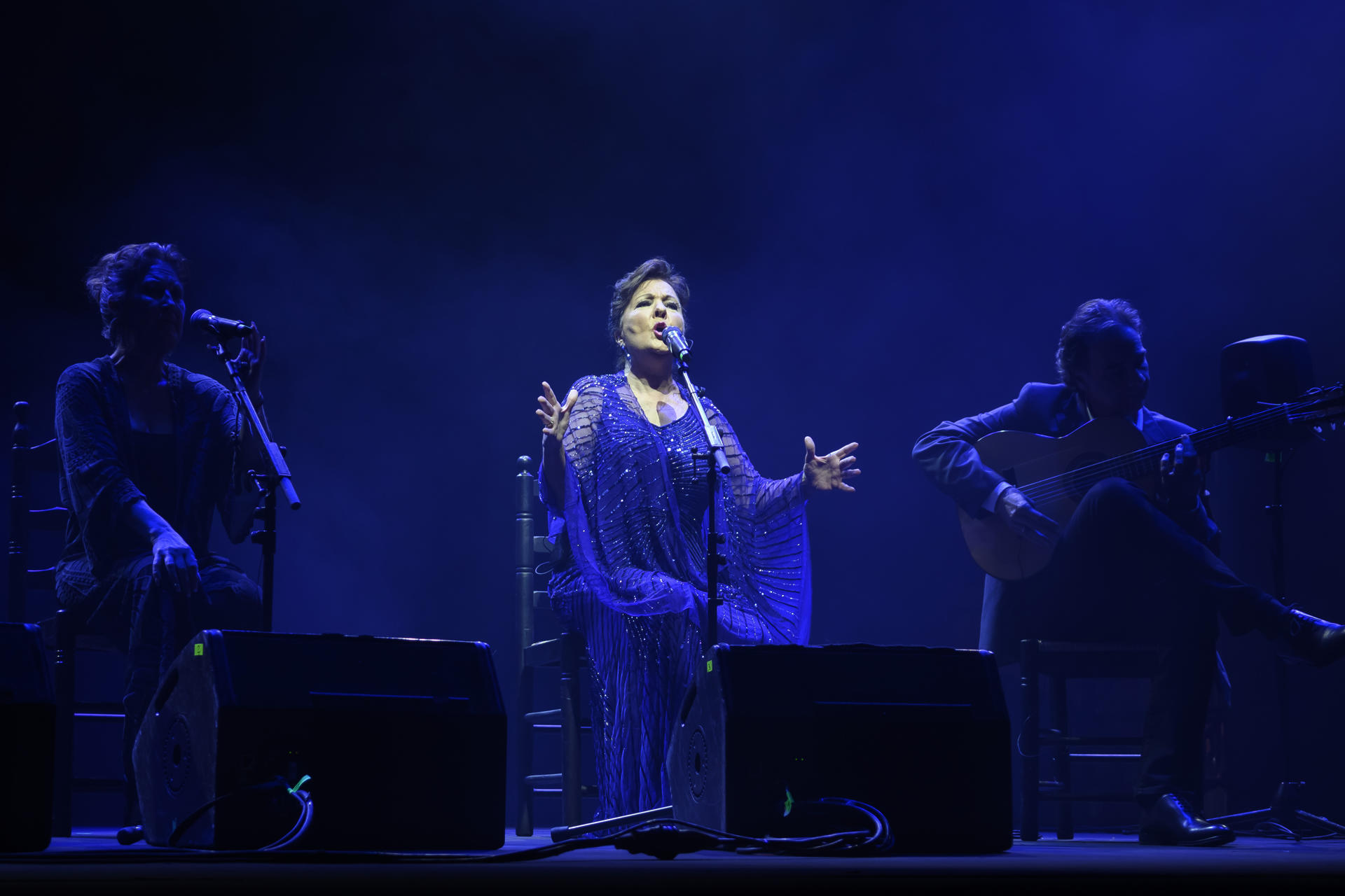 La cantaora Carmen Linares ha sido la encargada de abrir el espectáculo "El flamenco es universal", este lunes en la Plaza de España de Sevilla. EFE/Raúl Caro
