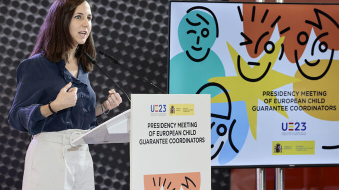 La ministra de Derechos Sociales y Agenda 2030, Ione Belarra, interviene en la Reunión de Coordinadores de la Garantía Infantil, organizado en el marco de la Presidencia española del Consejo de la Unión Europea. EFE/ Ana Escobar
