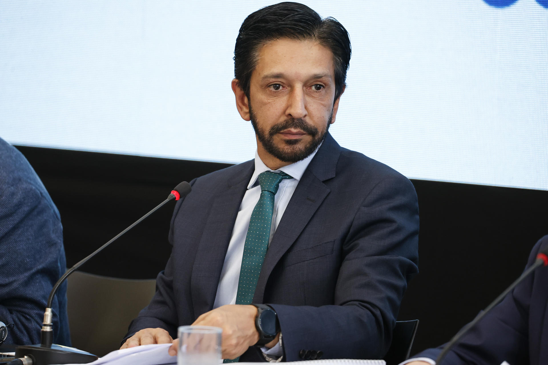 El alcalde de Sao Paulo, Ricardo Nunes, participa en la XX asamblea general de la Unión de las Ciudades Capitales Iberoamericanas (UCCI), hoy, en São Paulo (Brasil). EFE/Sebastiao Moreira
