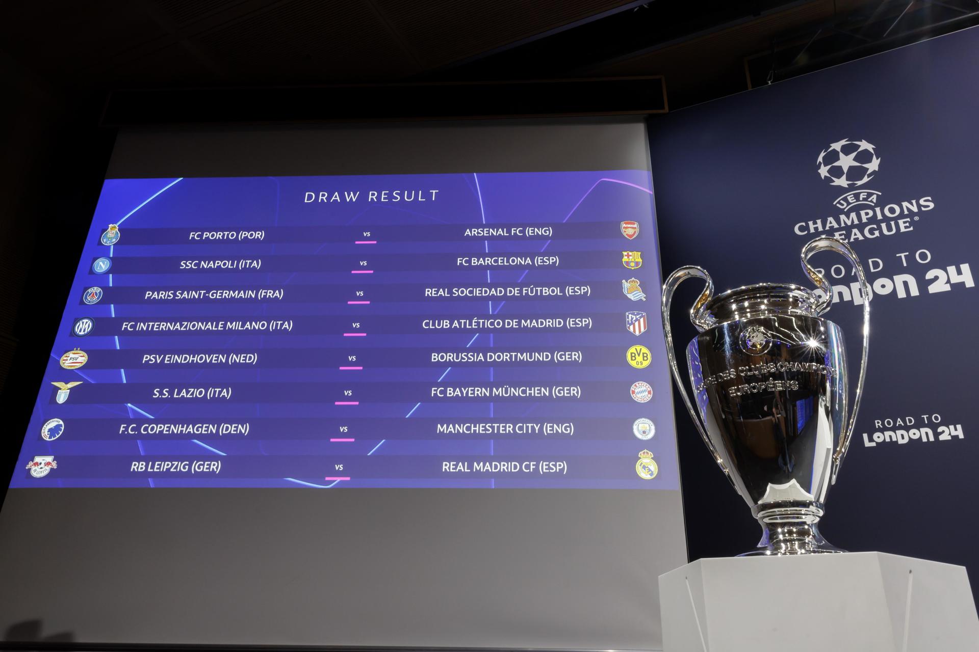 Tabla de emparejamientos de los octavos de final de la Liga de Campeones. EFE/EPA/SALVATORE DI NOLFI
