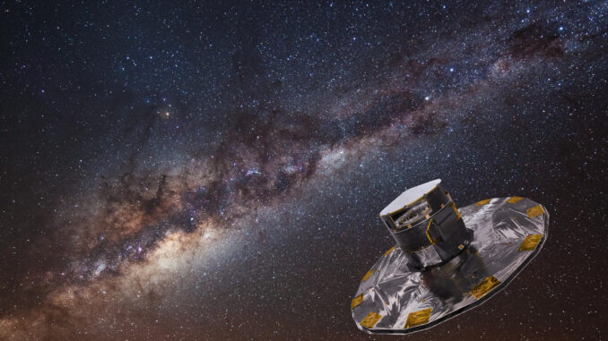 La misión europea Gaia cumple diez años desde que fuera lanzada al espacio para crear el mayor y más preciso mapa multidimensional de la Vía Láctea. Fotografia facilitada por: ESA/ATG medialab; background: ESO/S. Brunier. EFE
