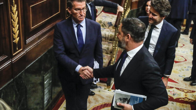 Imagen de archivo del líder popular, Alberto Núñez Feijóo (i), estrechando la mano al líder de Vox, Santiago Abascal (d), en el Congreso. EFE/Juan Carlos Hidalgo
