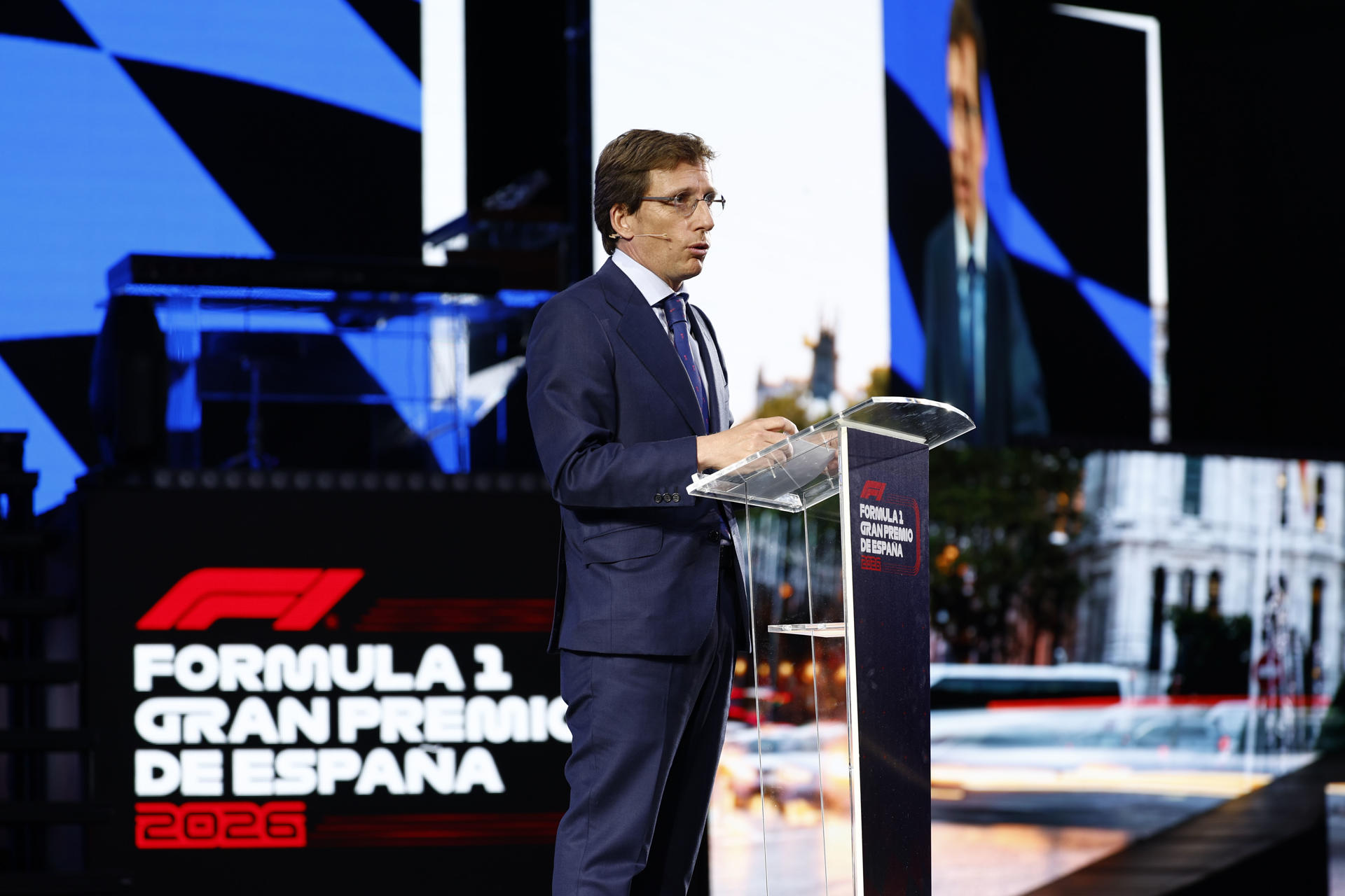 El alcalde de Madrid, José Luis Martínez Almeida durante la presentación del Gran Premio de España de Fórmula Uno de Madrid en Ifema. EFE/ Rodrigo Jiménez
