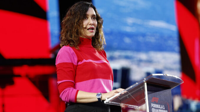 La presidenta de la Comunidad de Madrid, Isabel Díaz Ayuso durante la presentación del Gran Premio de España de Fórmula Uno de Madrid en Ifema, Madrid. EFE/ Rodrigo Jiménez
