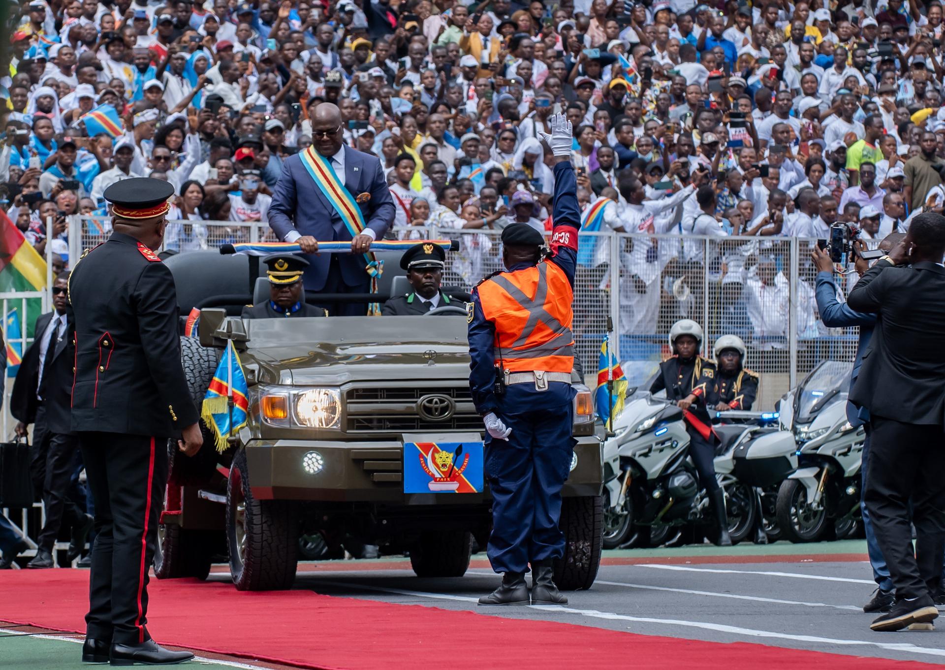 El presidente de la República Democrática del Congo (RDC), Félix Tshisekedi, este sábado en la ceremonia de investidura para un segundo mandato. EFE/EPA/CHRIS MILOSI
