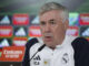 El entrenador del Real Madrid, Carlo Ancelotti , durante la rueda de prensa posterior al entrenamiento del equipo este viernes en Valdebebas. EFE/ Mariscal