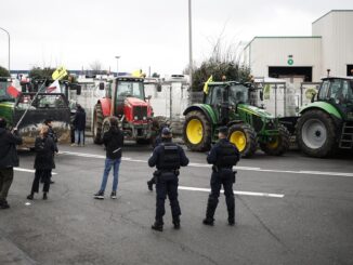 Agentes de policía se encuentran en la entrada del mercado internacional de Rungis, mientras los agricultores franceses llegaban con camiones para manifestarse, al sur de París, Francia, el 31 de enero de 2024. EFE/EPA/Yoan Valat