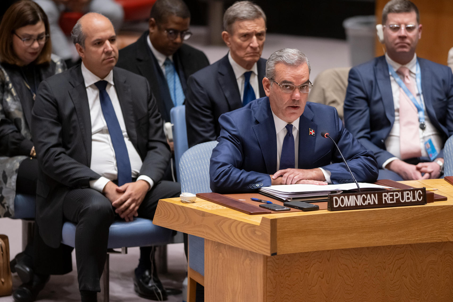 Fotografía cedida por la ONU donde aparece el presidente de República Dominicana, Luis Abinader, mientras habla en una sesión del Consejo de Seguridad en la sede del organismo en Nueva York. EFE/Manuel Elías/ONU
