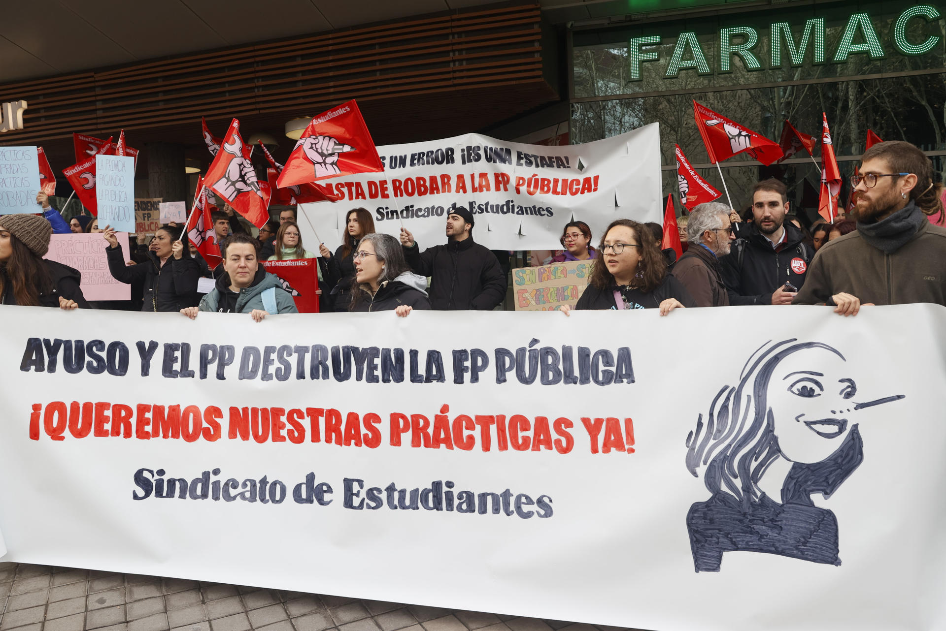 Alrededor de unos cien estudiantes de la Formación Profesional (FP) pública se concentran este jueves frente a la Asamblea de Madrid. EFE/ Fernando Alvarado
