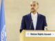 El ministro de Asuntos Exteriores iraní, Hossein Amir-Abdollahian, durante su intervención en la sesión de inauguración del segmento de alto nivel del 55º período de sesiones del Consejo de Derechos Humanos en la sede europea de las Naciones Unidas en Ginebra, Suiza, el 26 de febrero de 2024. EFE/EPA/SALVATORE DI NOLFI