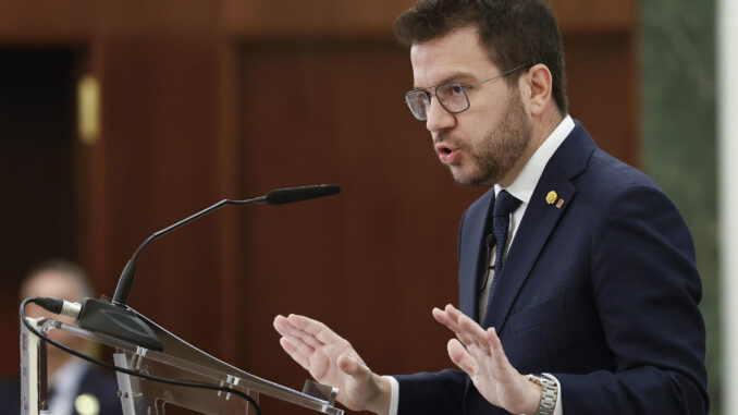 El presidente de la Generalitat de Cataluña, Pere Aragonés, participa en un desayuno informativo, este miércoles en Madrid. EFE/Chema Moya
