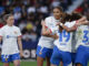 La delantera del Barcelona Salma Paralluelo (2i) celebra tras anotar un gol contra el Levante, durante el partido de la jornada 22 de la Liga Iberdrola en el estadio Ciutat de València. EFE/ Ana Escobar