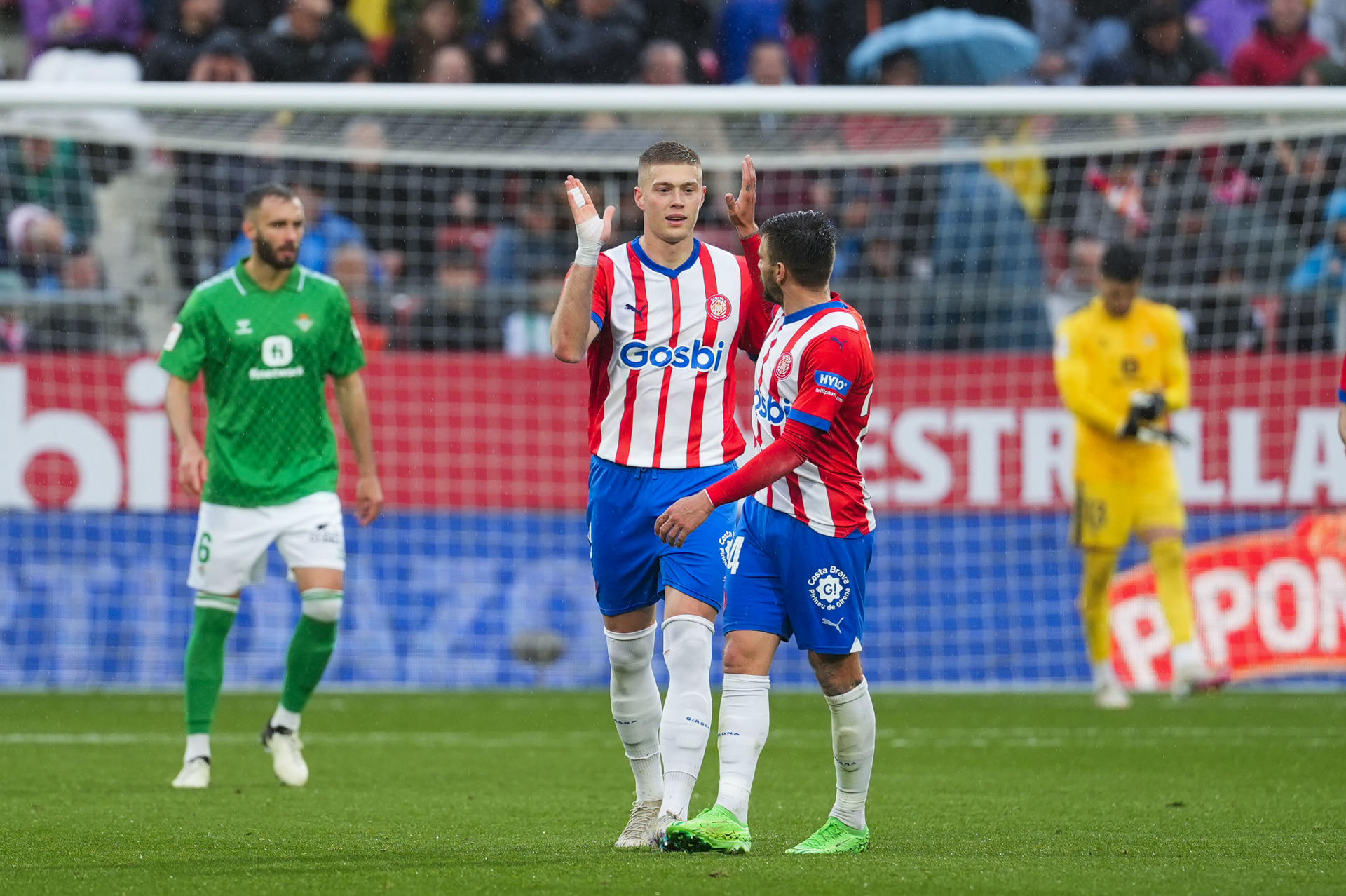 El delantero ucraniano del Girona Artem Dovbyk (c), celebra su gol de penalti contra el Betis, durante el partido de la jornada 30 de LaLiga EA Sports entre el Girona y el Betis, este domingo en el estadio de Montilivi en Girona.-EFE/ David Borrat
