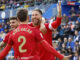 El jugador del Sevilla FC Sergio Ramos (d) celebra el gol anotado contra el Getafe. EFE/ Zipi