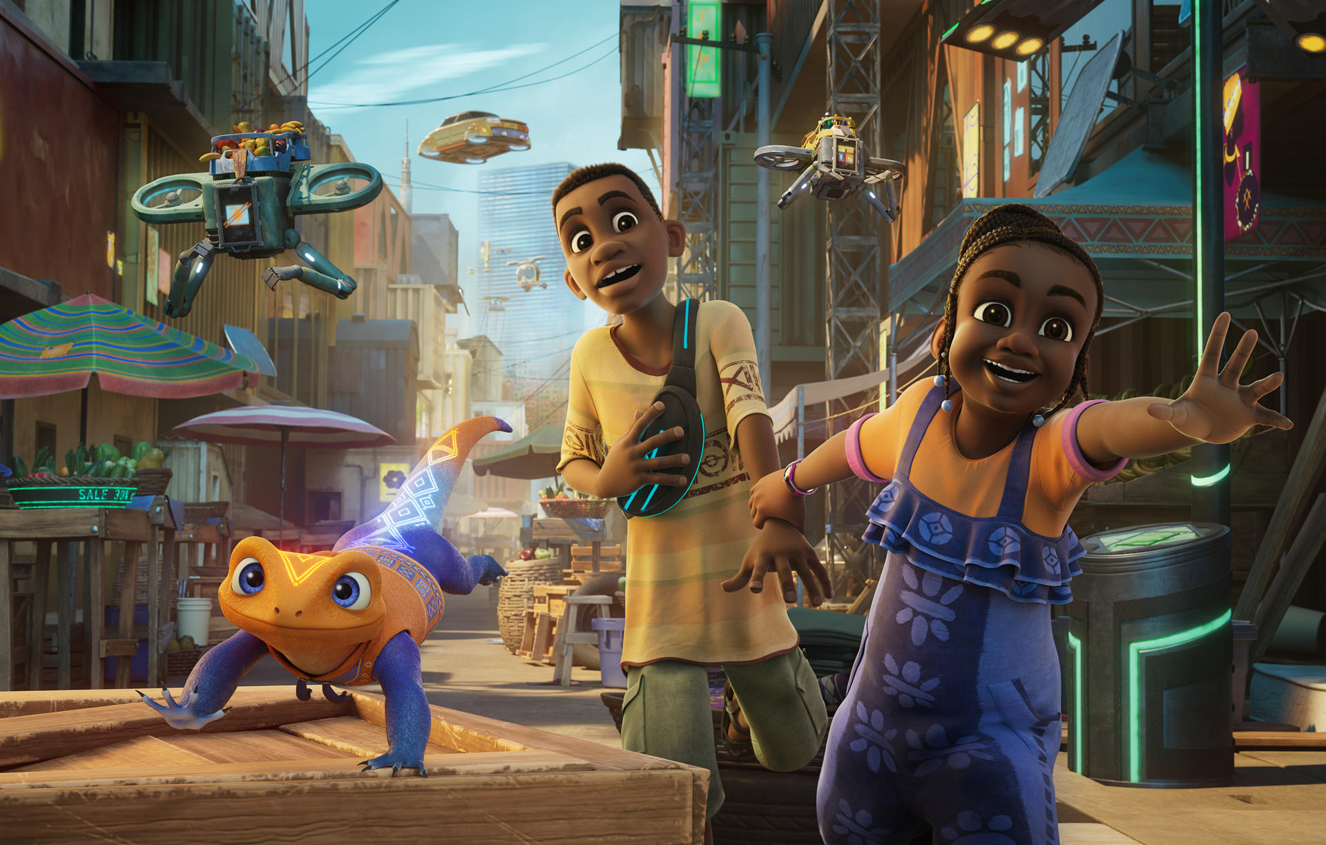 Disney+ apuesta por África en su nueva serie de animación, "Iwajú", una de aventuras que traslada la acción a una futurista Lagos, la capital de Nigeria y que se estrena el 10 de abril en la plataforma. Es 'Iwájú', una historia de aventuras protagonizada por la joven Tola y su mejor amigo, Kole, todo un experto en tecnología. EFE/ Disney SOLO USO EDITORIAL/SOLO DISPONIBLE PARA ILUSTRAR LA NOTICIA QUE ACOMPAÑA (CRÉDITO OBLIGATORIO)
