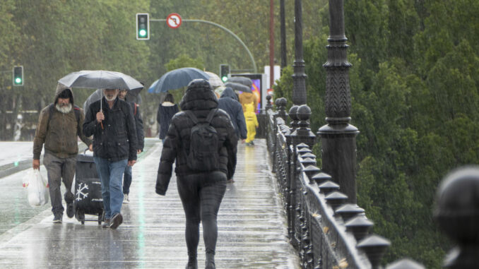 Peatones caminan bajo la lluvia en Sevilla, este domingo. Andalucía ha puesto este domingo punto y final a una Semana Santa pasada por agua que, si bien ha sido de las peores que se recuerdan para los cofrades, se ha tornado de las más beneficiosas para el campo, ayudando a paliar una situación de sequía preocupante. Este Domingo de Resurrección ha vuelto a ser una jornada en blanco para esa Andalucía cofrade que durante siete días ha mirado al cielo con desesperanza y ha asumido con resignación que la lluvia, más que necesaria, ha dado al traste con las ilusiones de todo un año de espera. EFE/ David Arjona
