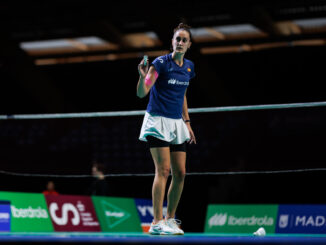 La española Clara Azurmendi durante el partido de dieciseisavos de final del Masters de Madrid de badminton, disputado ante la japonesa Natsuki Nidaira en el Centro Deportivo Gallur. EFE/Rodrigo Jiménez