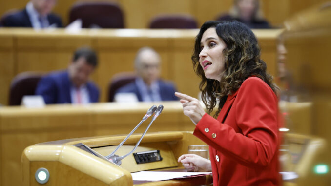 La presidenta de Madrid, Isabel Díaz Ayuso, interviene en la sesión de la Comisión General de Comunidades Autónomas celebrada este lunes en el Senado en la que se debate la ley de amnistía. EFE/Mariscal