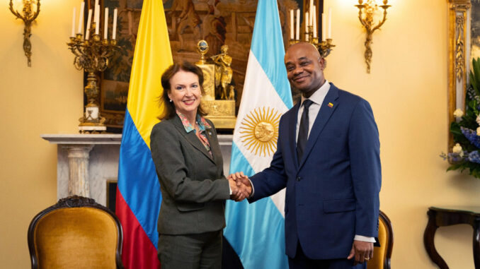 Fotografía cedida por la oficina de prensa de la Cancillería de Colombia, de la reunión del canciller encargado de Colombia Luis Gilberto Murillo mientras saluda a su homóloga de Argentina, Diana Mondino, este viernes en Bogotá (Colombia). EFE/Cancillería de Colombia
