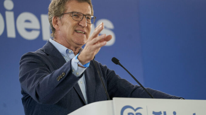 El presidente del PP, Alberto Núñez Feijóo, durante su intervención un acto de campaña este viernes en Vitoria. EFE / L. Rico
