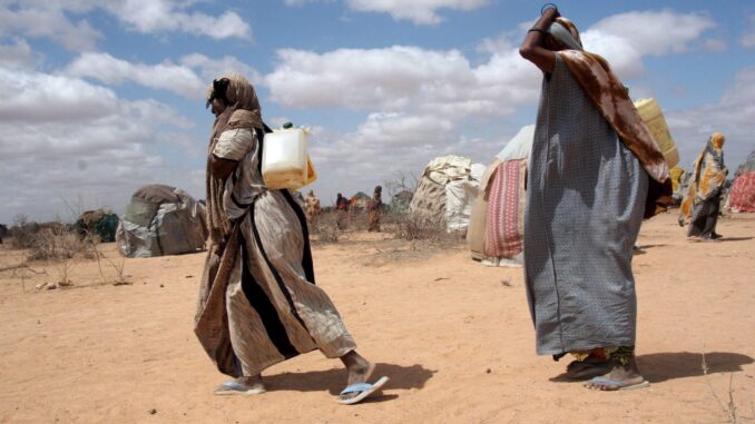 En la imagen de archivo, unas mujeres transportan agua hasta sus improvisados barracones en las afueras de Wajir, unos 1.400 kilómetros al norte de Nairobi (Kenia). EFE/Stephen Morrison
