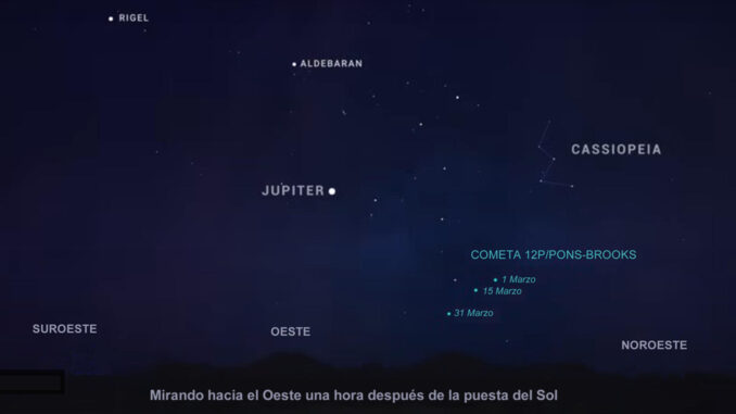 Mapa de observación del cometa "12p/Pons-Brooks", conocido popularmente como el cometa "diablo". Imagen facilitada por la NASA/Nasanet. EFE
