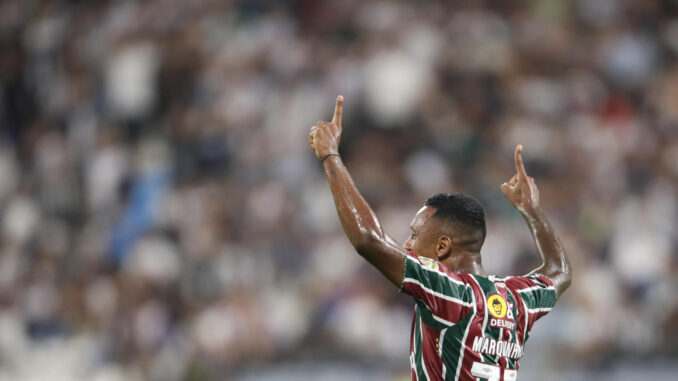 Marquinhos de Fluminense celebra un gol en un partido de la fase de grupos de la Copa Libertadores. EFE/ Paolo Aguilar
