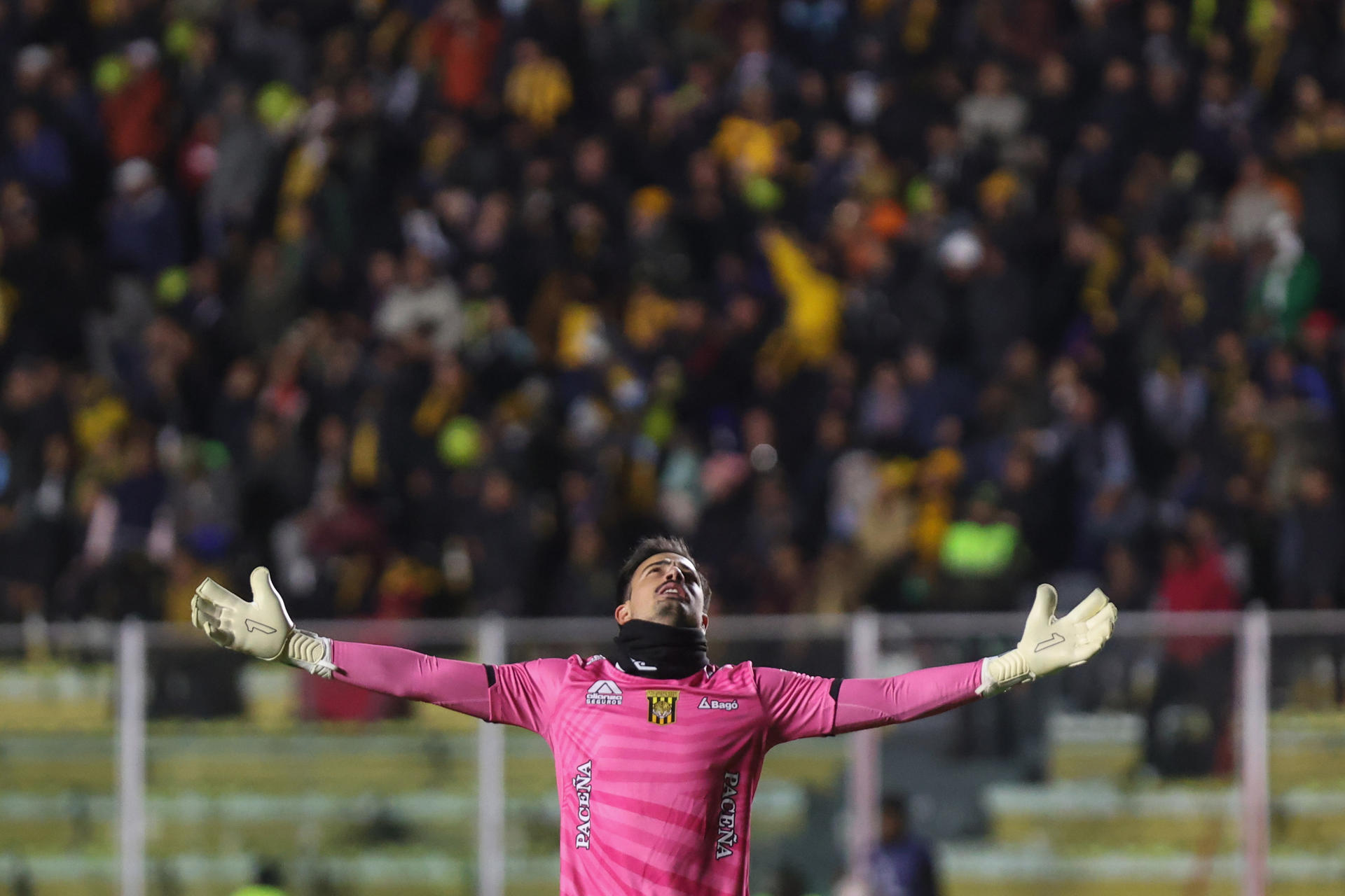 Guillermo Viscarra Bruckner de The Strongest celebra un gol en un partido de la fase de grupos de la Copa Libertadores. EFE/ Esteban Biba
