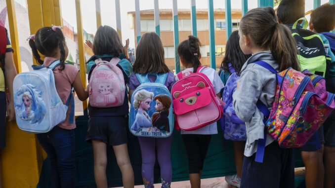 Varios niños esperan la apertura de puertas de un colegio en Madrid. EFE/Juan Carlos Hidalgo