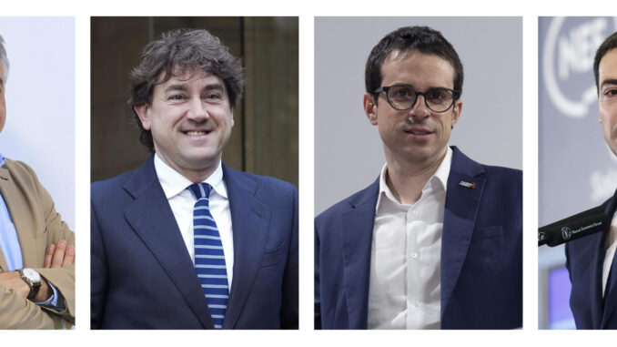 Combo de fotografías que muestra al candidato del PP vasco a lehendakari, Javier De Andrés (izda-dcha), al del PSE-EE, Eneko Andueza, al de EH Bildu, Pello Otxandiano, y al del PNV, Imanol Pradales, los dos primeros en Vitoria, el tercero en San Sebastián y el cuarto en Madrid. Las elecciones al Parlamento Vasco se celebran el 21 de abril. EFE/ Adrian Ruiz Hierro/Javier Etxezarreta/Chema Moya
