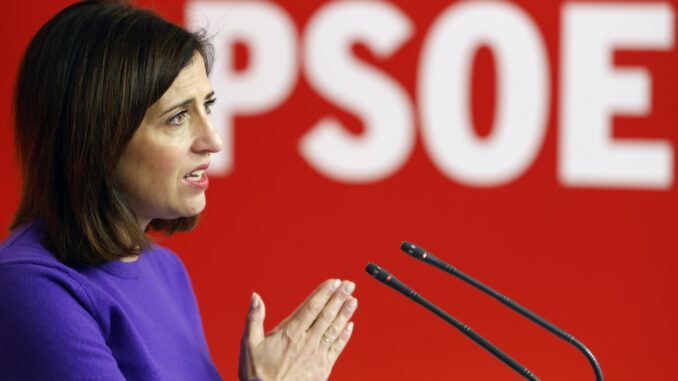 La portavoz de la comisión ejecutiva federal del PSOE, Esther Peña, ofrece una rueda de prensa este lunes en Madrid. EFE/ Mariscal
