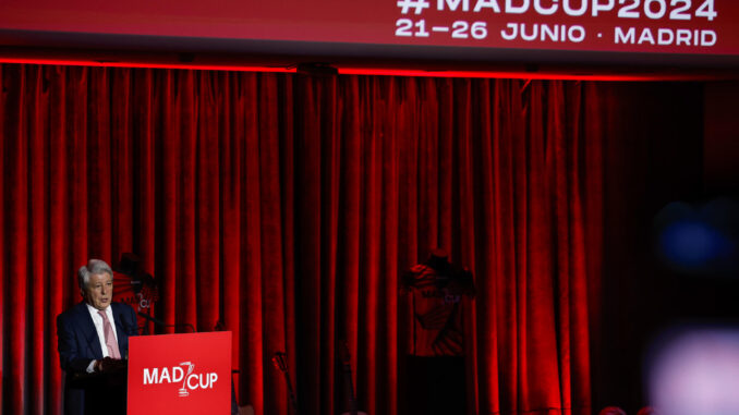 El presidente del Atlético de Madrid, Enrique Cerezo, durante su intervención en la presentación de la IV edición MadCup, en una foto de archivo. EFE/ Juanjo Martín
