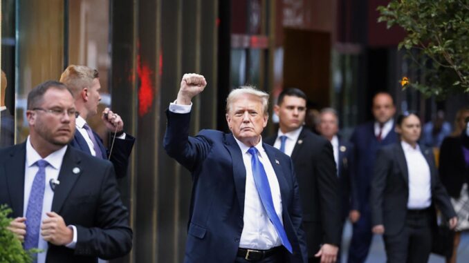 El expresidente estadounidense Donald Trump (C) hace gestos a los medios y a la multitud afuera de la Torre Trump después de que un jurado lo declaró culpable de los 34 cargos en su juicio penal en la Corte Suprema del Estado de Nueva York en Nueva York (EE.UU.). EFE/EPA/Peter Foley
