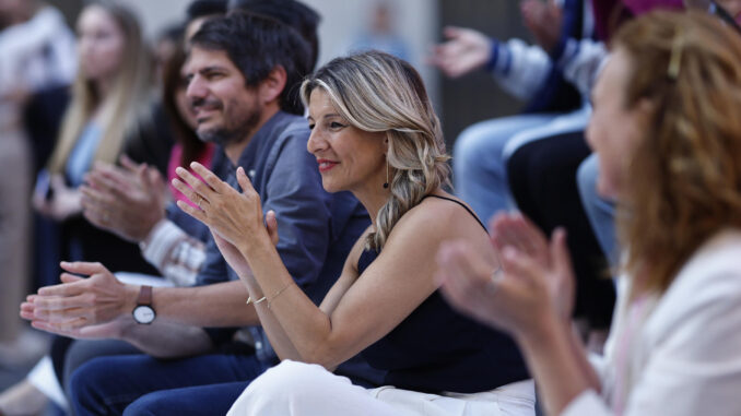 La ministra de Trabajo Yolanda Díaz asiste al inicio de campaña de la coalición Sumar a las elecciones europeas del próximo 9 de junio, hoy jueves en Madrid. EFE/Rodrigo Jiménez
