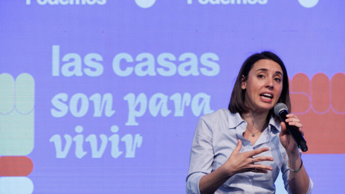 La candidata de Podemos a las eleciones europeas, Irene Montero,durante un acto sobre vivienda en Madrid, este sábado. EFE/Sergio Pérez
