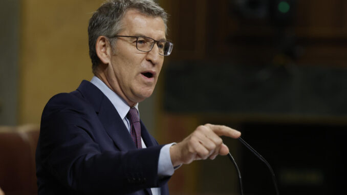 El líder del PP, Alberto Núñez Feijóo, durante su intervención ante el pleno del Congreso este miércoles. EFE/ JJ Guillén
