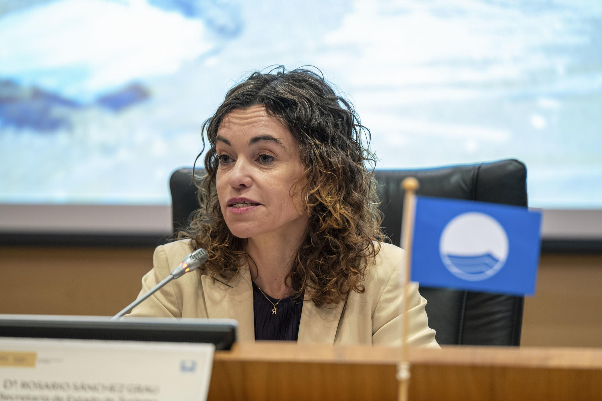 La secretaria de Estado de Turismo, Rosario Sánchez (c), durante la presentación de los resultados de las playas, puertos y embarcaciones turísticas galardonados con Bandera Azul 2024, este martes, en Madrid. EFE/ Fernando Villar
