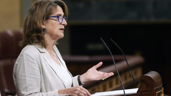 La vicepresidenta tercera y ministra para la Transición Ecológica y el Reto Demográfico, Teresa Ribera, interviene en la sesión de control en el Congreso de los Diputados este miércoles. EFE/ JP Gandul
