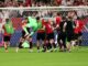 La selección de Georgia celebra tras ganar el partido del grupo F de la Eurocopa 2024 entre Georgia y Portugal, en Gelsenkirchen, Alemania. EFE/EPA/GEORGI LICOVSKI