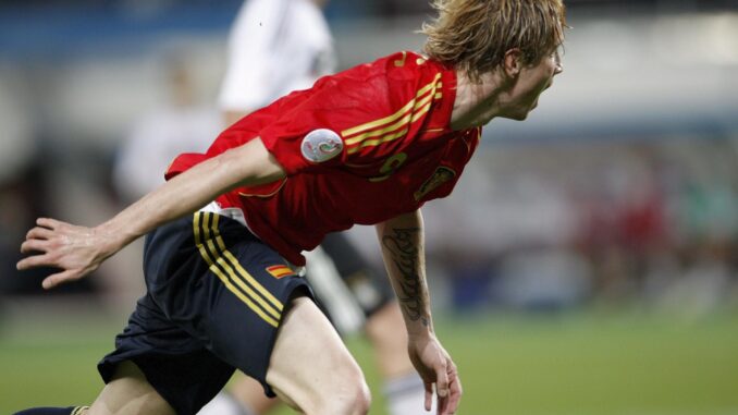 El jugador español Fernando Torres celebra el primer gol conseguido durante la final de la Eurocopa 2008 que disputaron frente a Alemania en el estadio Ernst Happel de Viena, Austria, el 29 de junio de 2008. EFE/GEORGI LICOVSKI
