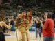 Los jugadores del UCAM Murcia Troy Caupain (i) y Dustin Sleva (c) celebran su victoria ante el Unicaja Málaga tras el quinto partido de semifinales de Liga Endesa entre Unicaja de Málaga y UCAM Murcia en el Martín Carpena de Málaga. FE/Jorge Zapata