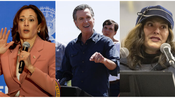 Combo de tres fotografías de archivo de la actual vicepresidenta de EE.UU., Kamala Harris (i), y los gobernadores de California, Gavin Newsom (c), y de Míchigan, Gretchen Whitmer. EFE
