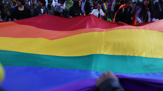 Personas participan en una marcha con motivo del Día del Orgullo LGTBI este sábado en La Paz (Bolivia). EFE/ Luis Gandarillas
