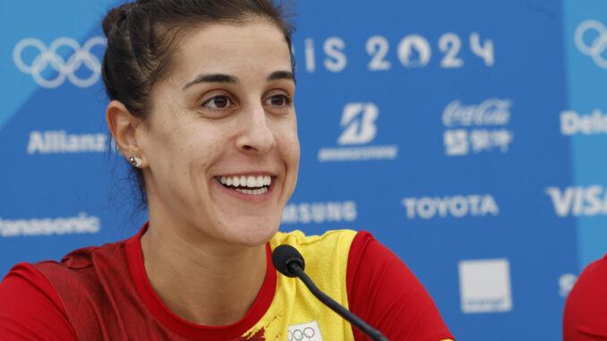 Carolina Marín, jugadora del equipo olímpico español de badminton, en una rueda de prensa de cara a su participación en los Juegos Olímpicos de París 2024. EFE/ Chema Moya
